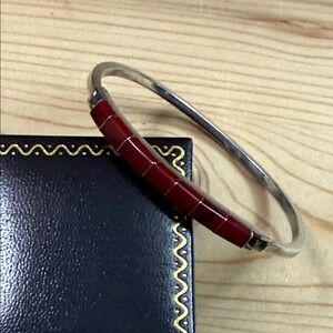 Silver Bangle Bracelet with Red Tile Mexico